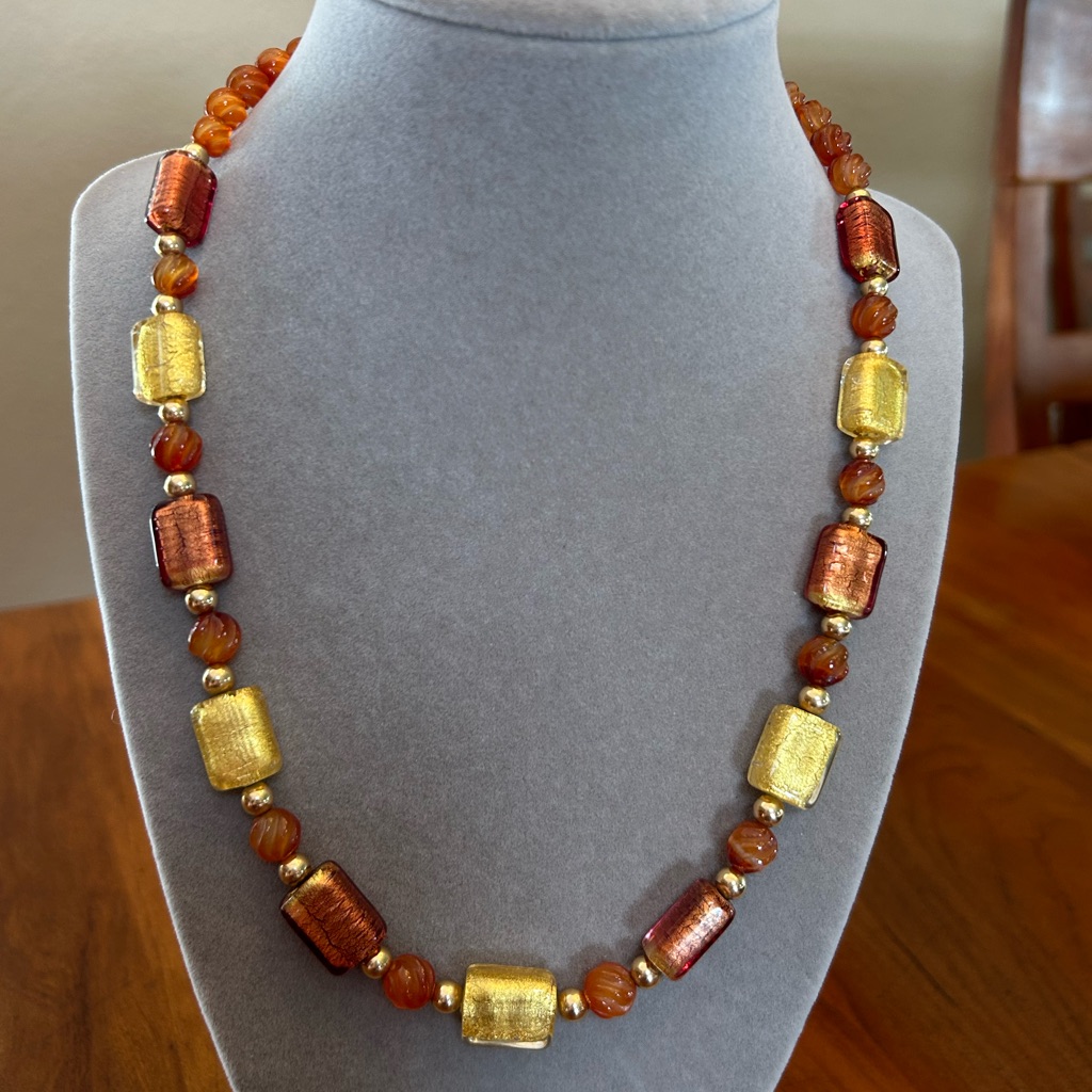 14k Gold Filled Carved Gemstone And Gold Foiled Glass Beaded Necklace 20 Inch